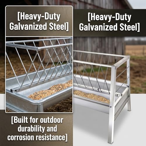 Hay Feeder, Goat Sheep Cattle Feeder, Livestock Hay Rack, Heavy Duty Livestock Feeder with Anti-Waste Grid, Dual-Compartment Metal Farm Feeding Trough for Outdoor Use