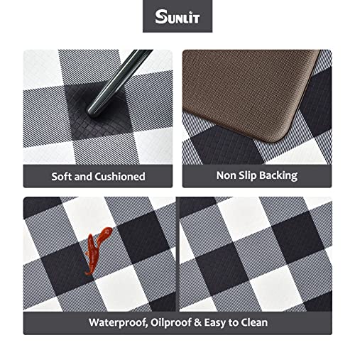 Sunlit Set of 2 Anti Fatigue Kitchen Floor Mat, Non Slip Waterproof Comfort Standing Mat, 0.4 Inch Thick Cushioned Farmhouse Kitchen Rug Runner, White Black Buffalo Check (17"x28"&17"x47") - color: Black