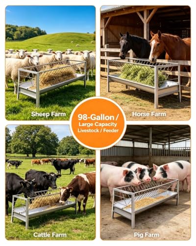 5.5 Ft Long Goat Hay Feeder with Deeper Feeding Pan, 98 Gallon Capacity Livestock Hay Feeder, 2 in 1 Grain & Hay Feeder, Galvanized Steel Grain Holder for Goats, Sheep and Ponies