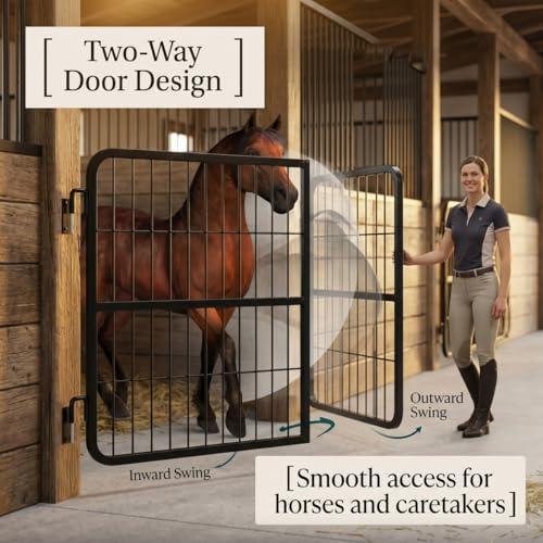 Robust Steel 48" W x 24" H Stall Guards for Horses, Two-Way Opening Grid Horse Stall Gate, Matte Black Powder Coated Stable Door for Daily Barn Use, Easy Setup - size: 1