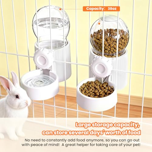 38oz Rabbit Water Dispenser and Feeder Set (White) | Large Hanging Automatic Food Water Dispenser, for Bunny Guinea Pig Chinchilla Ferret Cage Accessories - color: White