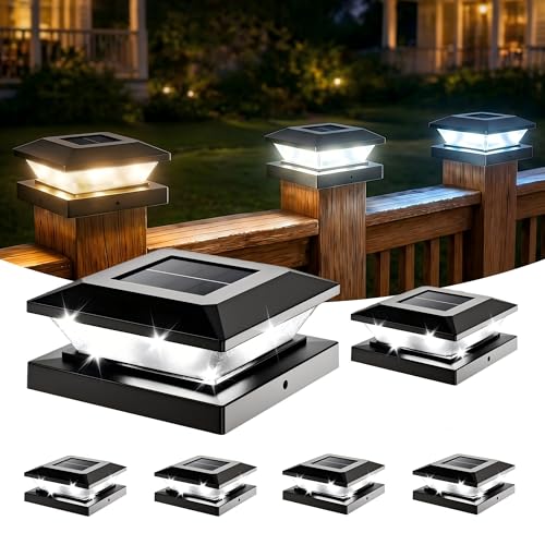 4x4 Solar Post Cap Lights - 6 Pack Fence Deck Post Solar Powered Lights | 3.5x3.5 4x4 Outdoor Postcap Light for Wood/Vinyl Posts, LED Waterproof Patio Porch Posts Lighting, 3 Lighting Modes, Black - size: 6 Pack