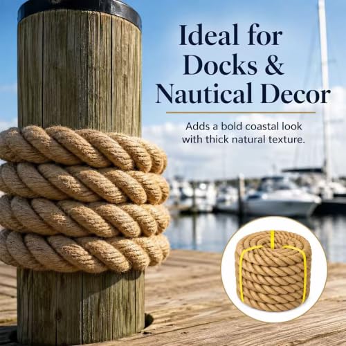 Natural Hemp Rope - 2 Inch x 100 Feet - Heavy Duty Jute Rope Manila Ropes for Docks, Nautical, Railings, Tug of War, Decorating - size: 2 in×100 ft
