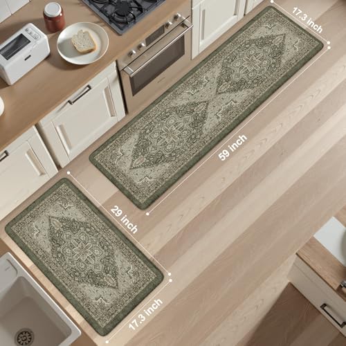 KIMODE Kitchen Mats Cushioned Anti Fatigue, Boho Kitchen Rugs Sets of 2 | Non Slip Distressed Kitchen Floor Mat, Comfort Standing Mat for Laundry, Office, Sink, Desk Dark Green 17"x59"+17"x29" - color: Dark Green, size: 17.3" x 59"+17.3" x 29"--0.47 inche