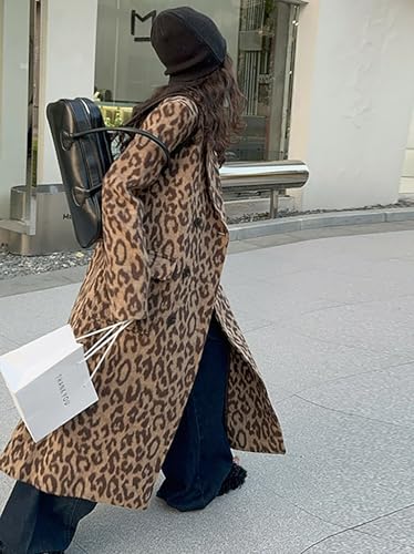 Womens Leopard Long Wool Trench Coat Notched Lapel Double Breasted Pea Coat Winter Warm Overcoat - color: Leopard, size: Medium