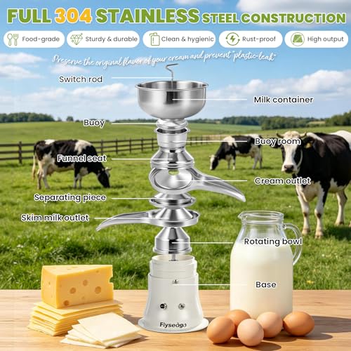 Electric Milk Cream Separator 50L/H 304 Stainless Steel 5L Bowl | Centrifugal skimmer professional fat separator machine for fresh cow & goat milk, 10500 rpm for home farm,100-240V