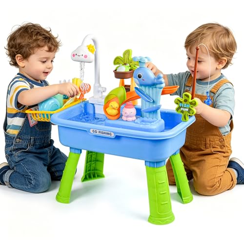 Upgraded Toddler Sand Water Table Toy with Electric Water Pump, Kids Sand Water with Faucet/Play Food Accessories/Fishing Toy, Kitchen Play Sink Toys for Girl Boy Age 3+ - color: Blue