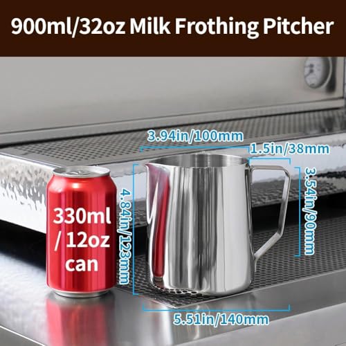 watchget 32oz Milk Frothing Pitcher Stainless Steel Espresso Steaming Jug | Clear Internal Scale, Milk Coffee Cappuccino Latte Art Barista Steam Pitchers,Barista Coffee Bar Accessories, 900ml, Silver - color: Silver, size: 30.4 Ounces