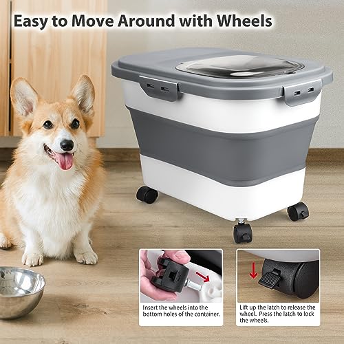 Viretec Dog Food Storage Container, 10-20Lbs Collapsible Pet Food Storage Containers with Rolling Wheel Airtight Locking Lid, Dry Food Storage Bin with Cup and Scoop,Suitable for Pet Food, Rice, Flour - color: White