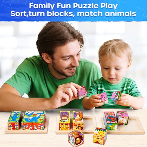 SYNARRY Wooden Puzzles for Toddlers 2-4, Farm Jungle Ocean Animals Puzzles for Kids Ages 3-5, Wooden Cube Puzzle with Storage Tray, Large Block Montessori Toys for 2 3 4 Year Old, Gifts for Kids
