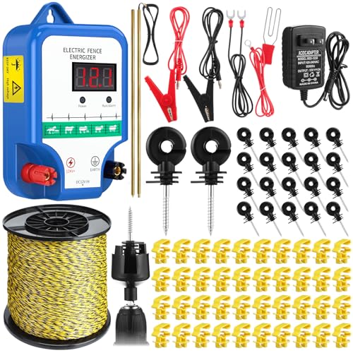 10 Mile Electric Fence Kit for Livestock, 3 Joule 12KV Fence Charger with LED Display, 3366 ft 9-Strand Polywire, 60 Insulators & Ground Rods, AC/DC Fencing System for Horse Cattle Pasture