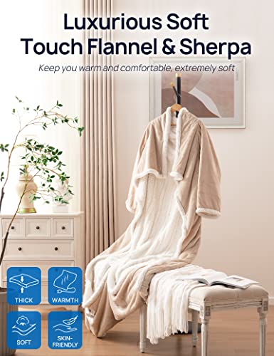 Westinghouse Wearable Heated Blanket with Foot Pocket Sherpa 50x70+18 Beige | Electric Snuggle Throw with Foot Pocket, Flannel Sherpa 6 Heating Levels & 2-10 Hours Auto Shut Off, Home Office Use - color: Beige&ivory, size: 70*50" Heated Snuggle Blanket (L