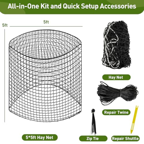 Round Bale Hay Net for Horses, Durable Knotless Nylon Slow Feeder,6x6 ft, Reduces Hay Waste, Ideal for Outdoor Use, Promotes Healthy Digestion (5 * 5FT) - size: 5*5FT