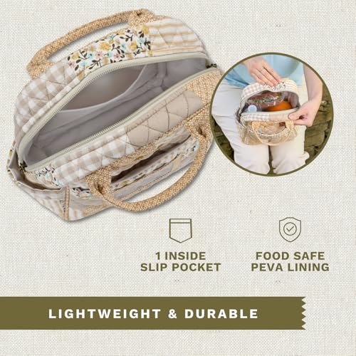 Bella Taylor Lunch Tote, Quilted Lunch Bag, Prairie Meadow Patch | Lightweight quilted cotton lunch box, easy-to-clean PEVA lining, 3 outside/1 inside pocket, durable construction - color: Prairie Meadow Patch