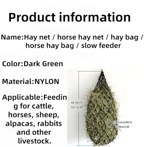 Slow Feed Hay Net 40 Inch for Horses, Cattle & Livestock – Small Hole (1.5"-2") Round Bale Feeder Bag, Reduces Waste & Supports Digestive Health