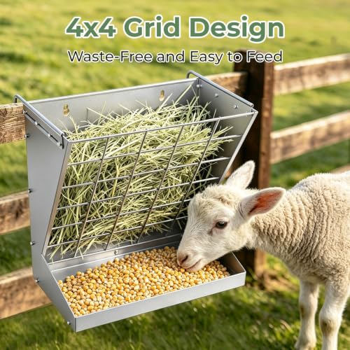 2 in 1 Wall Mount Hay and Grain Feeder, 25 Gallons Livestock Feeder | Galvanized Steel Wall Hay Rack, Hanging Hay Feeder with Mounting Kit for Goats Sheep Horse, Slow Feeder for Goats with Trough
