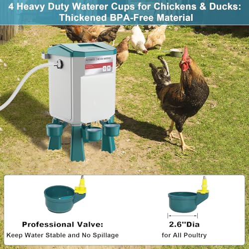 Automatic Chicken Waterer 2 Gallons, Float-Controlled Chicken Water Feeder with 4 Water Cups, 158.4-Inch Hose with 3/4'' and 1/2'' Ends, Large Poultry Waterer for Chick Quail Duck Turkey, Blue - color: Blue