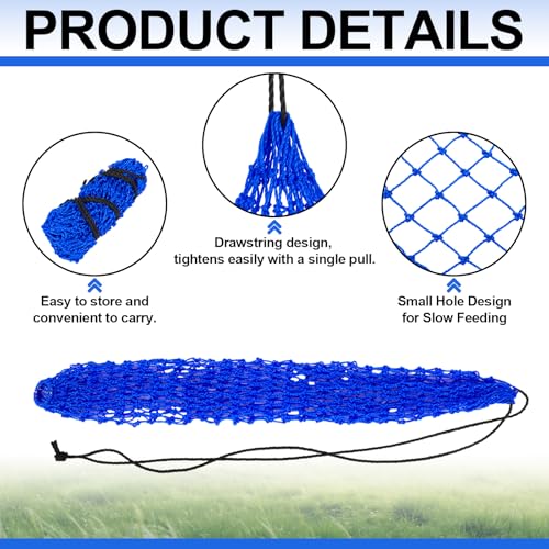 Windyun 4 Pcs Deluxe Ultra Slow Hay Feeder Nets, 42" Length with 1" Feeding Holes, Horse Supplies Heavy-Duty Top Loading Black Horse Hay Bag for Goats Sheep Livestock Barn Farm Feeding Tack(Blue) - color: Blue