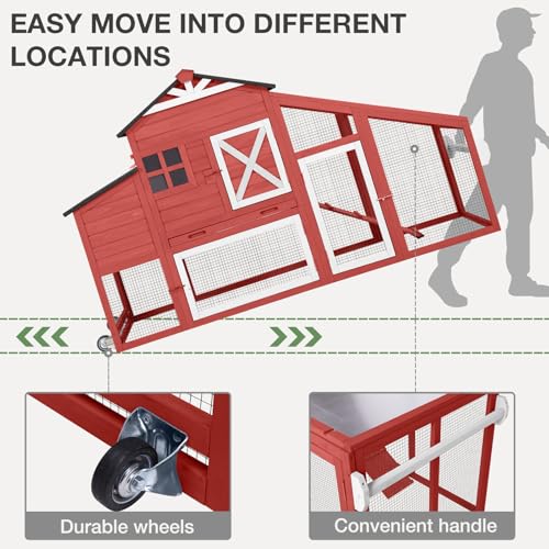 Chicken Coop with Wheels Wooden Outdoor Chicken House Easy Cleaning with Nesting Box, Deeper Leakproof Pull-Out Tray and UV Proof Panel Roof - Reinforced Version - Red