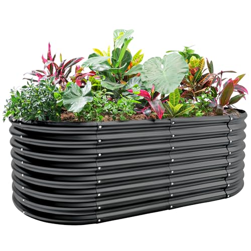Land Guard 24“ Tall Galvanized Raised Garden Bed Kit, Galvanized Planter Garden Boxes Outdoor, Oval Large Metal Raised Garden Bed for Vegetables (Dark Gray, 4×2×2ft) - color: Dark Grey, size: 4×2×2ft