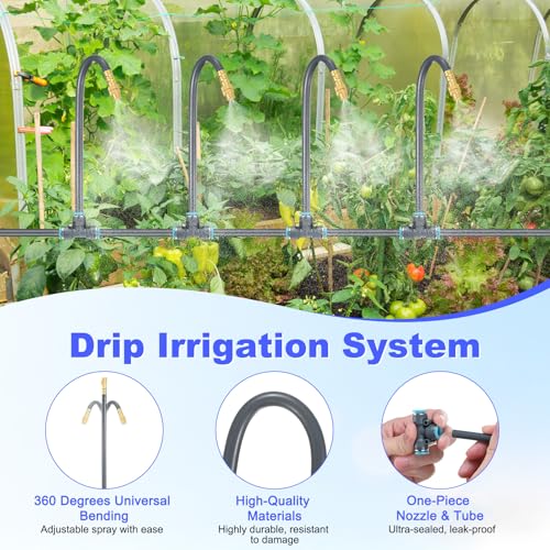 M METERXITY 1-Set Drip Irrigation System, 50Ft 5/16" Hose Garden Watering Misting System with 16pcs 360° Adjustable Copper Nozzles for Greenhouse/Yards/Lawns, Atomizing Watering Accessories - color: Gray + Gold Tone, size: 50Ft 5/16"