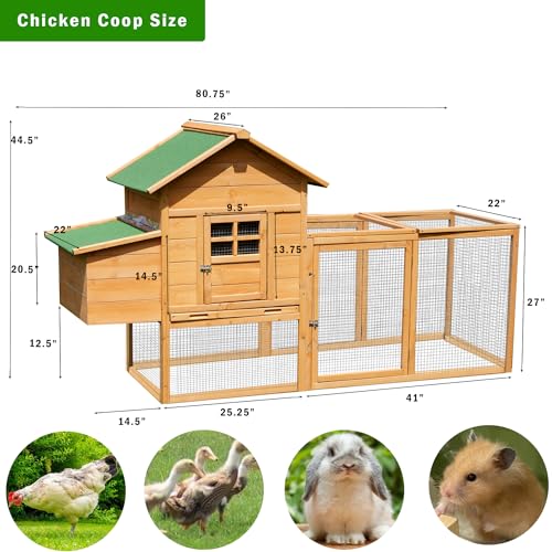 80" Large Chicken Coop, Waterproof Outdoor Hen House for 2-4 Chickens, Wooden Chicken House with Nesting Box, Removable Tray, PVC Cover, Run, for Garden Backyard Cage - size: 80.8"L x 26.0"W x 44.5"H