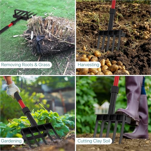 Pitch Fork for Garden, 5-Tine Heavy Duty Pitchfork for Loosening Soil, 41 Inch Gardening Fork for Digging, Composting, Spading, Cultivating Soil, Metal Fork Head with Fiberglass Handle, D-Grip