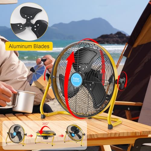 18in 30W solar panel fan Quiet 3-Blade Yellow | 30W High-Efficiency Solar Panel, Quiet, Waterproof, Rechargeable 24000mAh, For Outdoor, Camping, Pet House