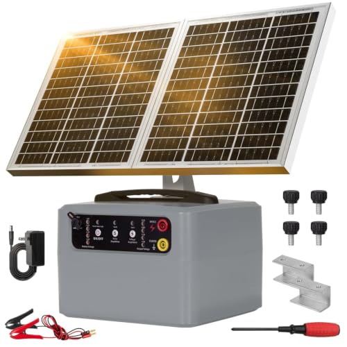 30 Miles/48km Solar Electric Fence Charger,15W Solar Powered Fencer with Adjustable 6KV to 12KV Output (0.3J-1.5J),Battery Level LCD Display,All-Weather Kit for Livestock,Deer,Farm,Yard - color: Gray
