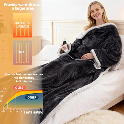 Wearable Heated Blanket With Sleeves & Foot Pocket, Heated Throw Blankets Fast Heating Blanket With 10 Heat Settings Auto Shut Off Over-Heat Protection-Warm Gift, Machine Washable, 52”*72”+18” - color: Dark Gray