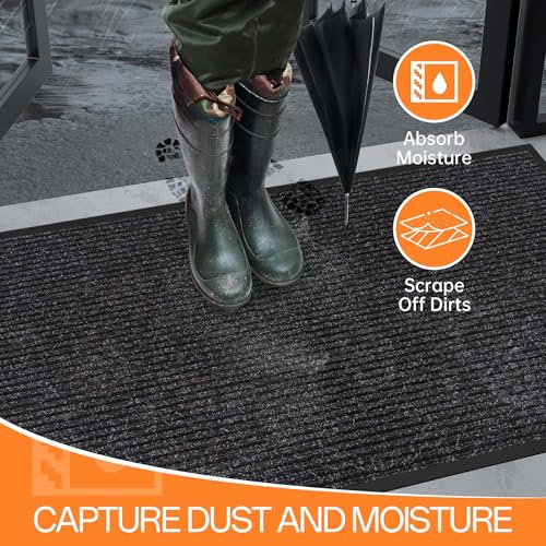Front Door Mat Outside Entrance, Dirt Trapper Doormat 96" x 48" | Non Slip Indoor Outdoor Welcome Mat for Entryway, Absorbent Commercial Floor Mat for High Traffic Area, All Weather, Black - color: Black Striped, size: 4' x 8' (Rectangular)