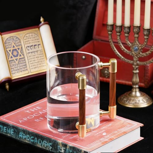 Judaica Hand Washing Cup for Netilat Yadayim with Dual Handles | Yellow Alloy & Wooden Handles for Everyday & Passover Seder, Shabbat, Shul, Synagogue & Home-Unbreakable Clear - color: HARDWARE