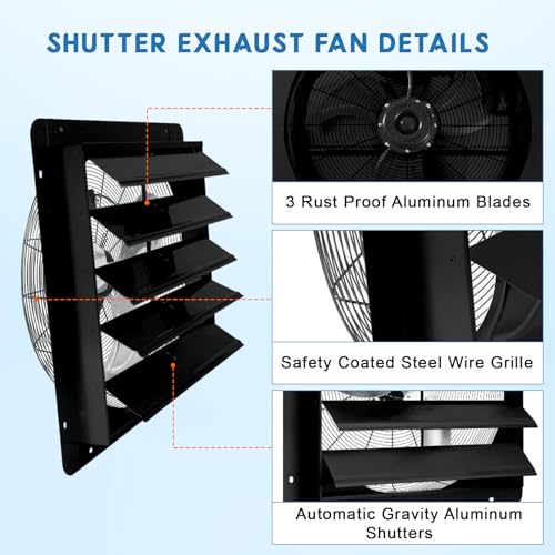 Garvee 20 In Shutter Exhaust Fan, Wall Mounted Shutter Exhaust Fan Aluminum, 3500 CFM High Speed Louvered Vent Fan with Automatic Shutter for Garage, Attic, Workshop, Greenhouse - size: 20 In