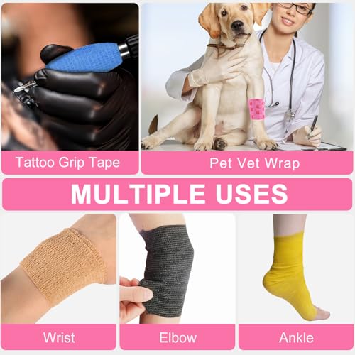 48 Pack Self Adhesive Bandage Wrap, 2” x 5 Yards Cohesive Medical Tape Elastic Grip Tape Black Sports Tape Athletic for Ankle, Wrist Sprains, Pet First Aid (Pink-Heart) - color: Pink-heart