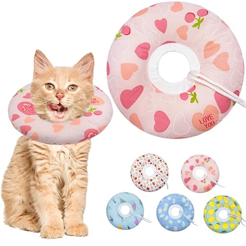 Seyezo Cat Cone Collar Soft, Adjustable Cat Recovery Cone, Pink Heart, S | Stop Licking, For Small Medium Large Cats, Cute Donut E Collar After Surgery, Anti-Lick Elizabethan Collar for Kittens - color: Pink Heart, size: Small