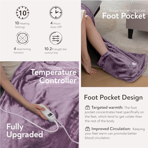 Wapaneus Foot Pocket Heated Blanket Electric Throw with 10 Heating Levels and 4 Timer Settings 4 Hours Auto Shut Off, Flannel Fast-Heating Heated Throw 50" x 60", Machine Washable, Purple - color: Purple, size: 50*60in