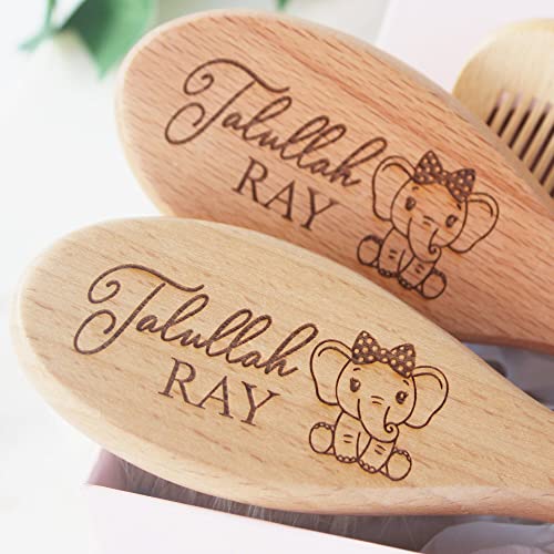 Baby Hair Brush | Personalized Baby Gifts | Brush | Wooden Brush Set | Perfect For Cradle Cap | Natural Goat Hair | 3 Piece Set | Elephant Design
