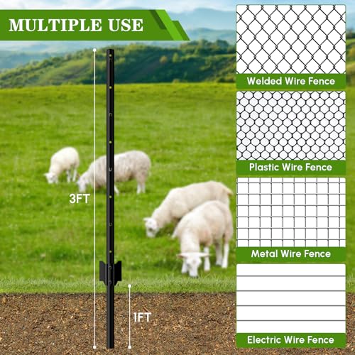 10 Pack Metal Fence Post, 3FT Heavy Duty U-Post for Wire Fence, No Dig T Posts Garden Fencing Stakes for Temporary Fencing, Electric Fence Wire, Corner Anchor - size: 3FT-10P