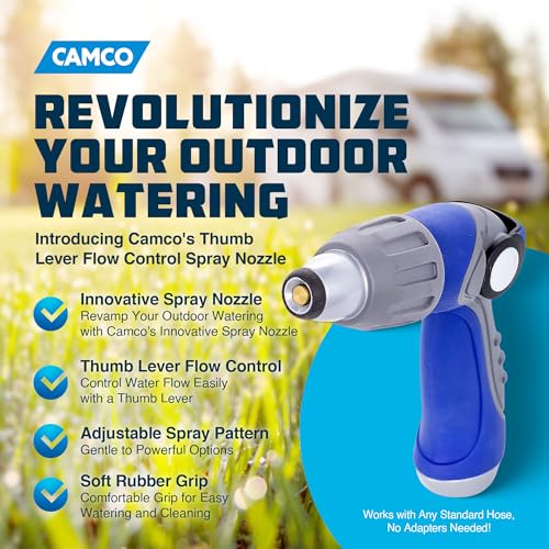 Camco 41986 Thumb Lever Knob Flow Control Spray Nozzle with Adjustable Spray Patterns and Rubber Comfort Grip, Fits All Standard Sized Hoses, Blue - style: Thumb Lever Nozzle