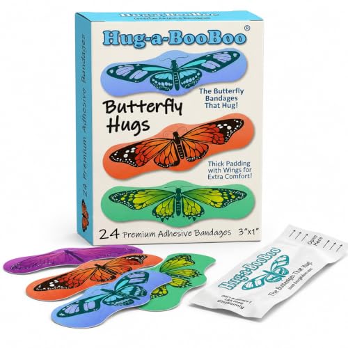 Butterfly Hugs - Premium Adhesive Butterfly Bandages from Hug-a-BooBoo, The Amazing Butterfly Bandages that Hug! Pretty Colorful Butterfies 24 Count Box - size: 24ct, style: Butterfly Hugs