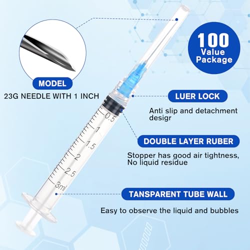 100 Pack 3ml with 23 Ga 1 Inch Lab Luer Lock Syringe | Individually Wrapped - style: 3ML