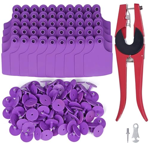 100 Pieces Blank Cattle Ear Tag with Applicator for Pig Cattle Cow Dog | TPU Livestock Ear Tag Kits Animal Identification with Ear Tag Applicator (Purple) - color: Purple