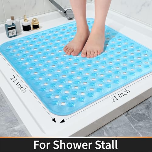 Yimobra Square Shower Mat Non Slip, Super Strong Suction Cups, 21"X21" Bath Tub Mat with Drain Holes, Machine Washable Fast Draining Bath Mats, Bathroom Essentials,Clear Blue - color: Clear Blue, size: 21 X 21 Inch