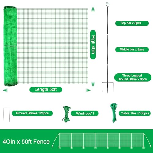 40IN×50FT Temporary Fence with Posts, Garden Animal Barrier with Metal Stake, Zip Ties,Windbreak Rope,Portable Temporary Fencing for Dogs Outdoors for Garden Backyard Outdoor Animal Protect