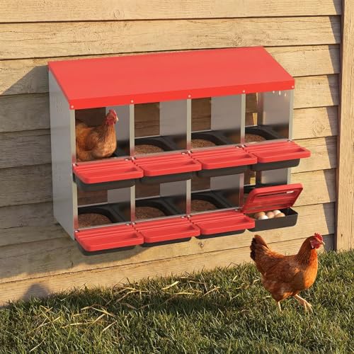 8-Compartment Chicken Nesting Box, Heavy Duty Galvanized Steel Poultry Nest Box, Wall Mount/Freestanding Design for Hens, Ducks, Backyard Homesteads & Farm Use, Red, with Soft Mats, No Stand - color: Red, size: 8 Room&Mat Board