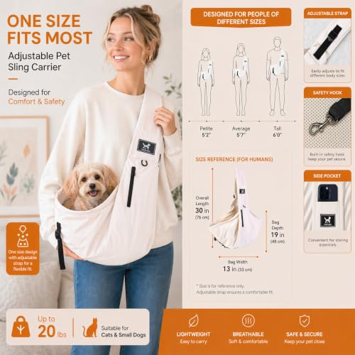 Dog Sling Carrier for Small Dogs & Cats 5-20 lbs, Adjustable Depth | Breathable Air Mesh Puppy Sling, Water-Resistant Travel Bag, Double Safety Leash, Machine Washable, Hands-Free Pouch, Apricot - color: Apricot