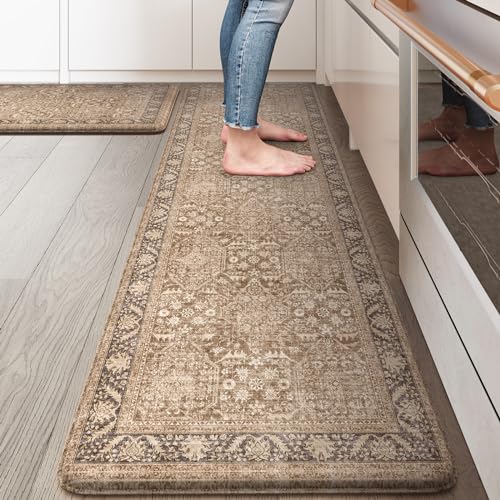 KIMODE Farmhouse Anti Fatigue Kitchen Mat, Brown Boho Vintage Kitchen Rugs | 17"x59"+17"x29" Waterproof Kitchen Floor Mats Non Slip, Comfort Foam Standing Mat for Sink, Laundry, Office, Desk, Dormitory - color: Brown/Multi, size: 17.3" x 59"+17.3" x 29"--