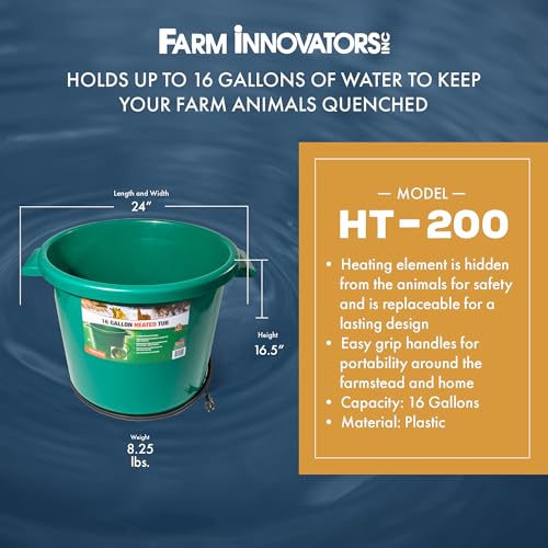 Farm Innovators Heated Water Bucket, 200W Heating Power - 16 Gallon Plastic Bucket with Replaceable Heating Element for Livestock Watering & Feeding | Thermostatically controlled to operate only when necessary, large 16-gallon capacity, anti-chew cord - c