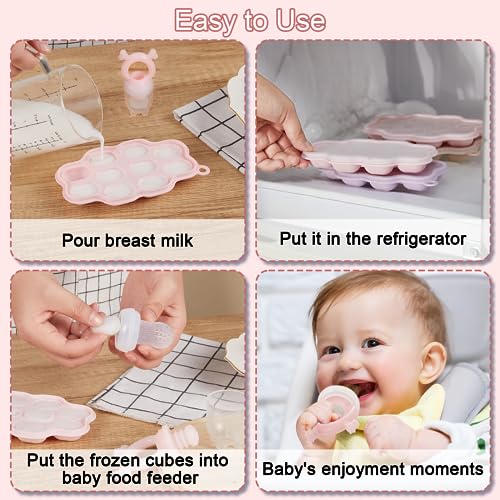Breastmilk Popsicle Molds & Baby Fruit Feeder Teether (2 Set) | Teething Gum Relief, Freezer Tray with Lid, for Pureed Vegetables, BPA Free Silicone, Safe Self-feeding, Easy Fill, 4 Month+ - color: Pink / Purple