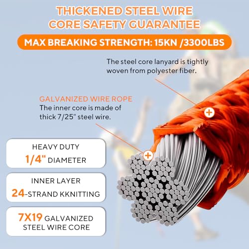 10ft Steel Wire Core Flipline, 3300Lbs Arborist Positioning Lanyard Kit | 1/2" Arborist Tree Climbing Gear with Swivel Snap Hook, Triple Lock Carabiner & Rope Grab Adjuster for Fall Protection - size: 1/2’’ x 10 ft